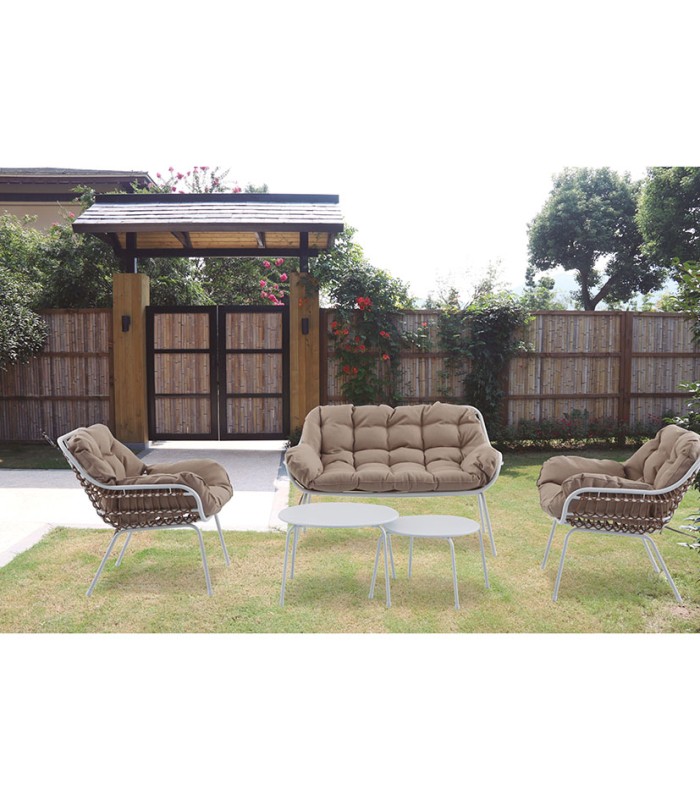 CONJ. 2 SILLONES+SOFÁ+MESITA RATÁN. BCO