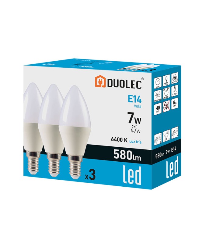 PACK 3 VELA LED DUOLEC 7W 6400K 580LM