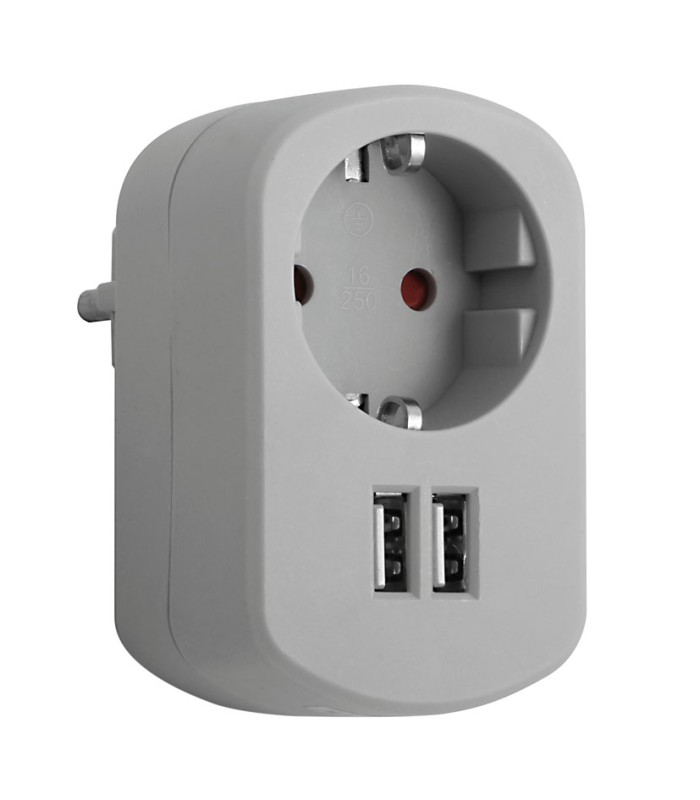 BASE ENCHUFE CON 2 TOMAS USB 2.1A GRIS