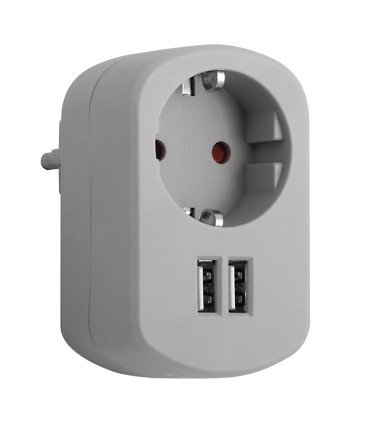 BASE ENCHUFE CON 2 TOMAS USB 2.1A GRIS